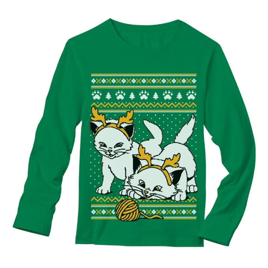 Cats with Reindeer Antler Headband Ugly Christmas Long Sleeve T-Shirt