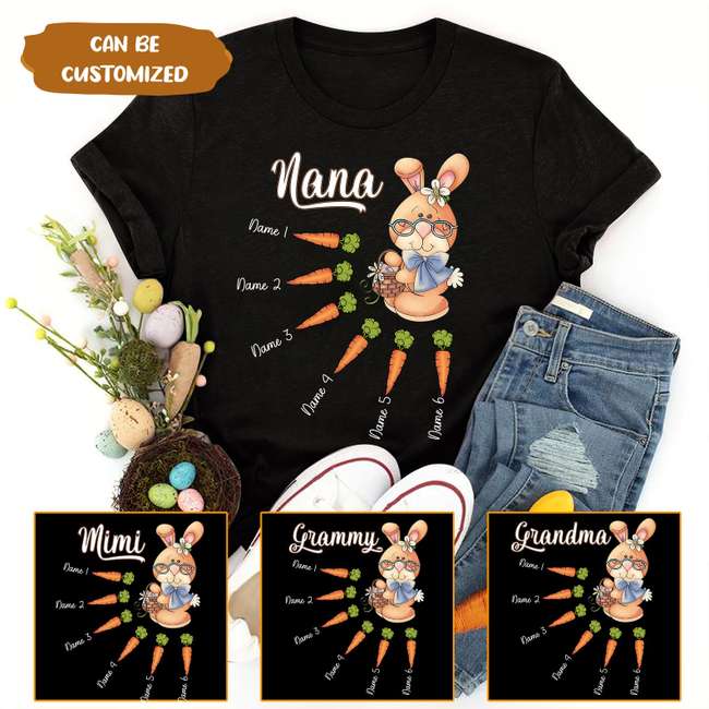 Personalized T-Shirt For Grandma Nana Cute Bunny & Carrots Printed Custom Grandkids Name Happy Easter Day Shirt