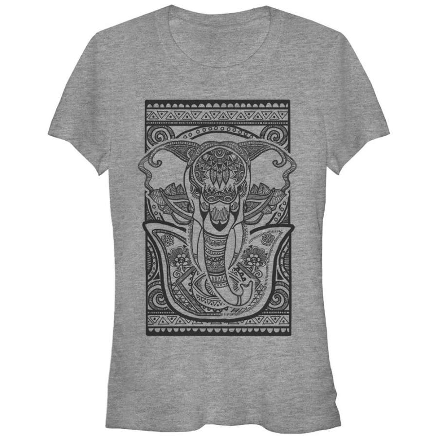 Lost Gods Junior’s Elephant Tribal Print  T Shirt Athletic Heather