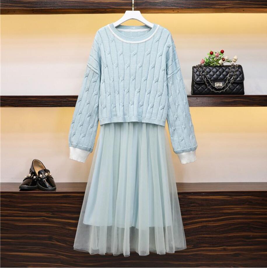 Women 2020 Autumn Winter Long Sleeve Knitted Pullover Sweater Tops +High Waist Pleated Mesh Skirt Female Sweet 2 Piece Sets N273 alx