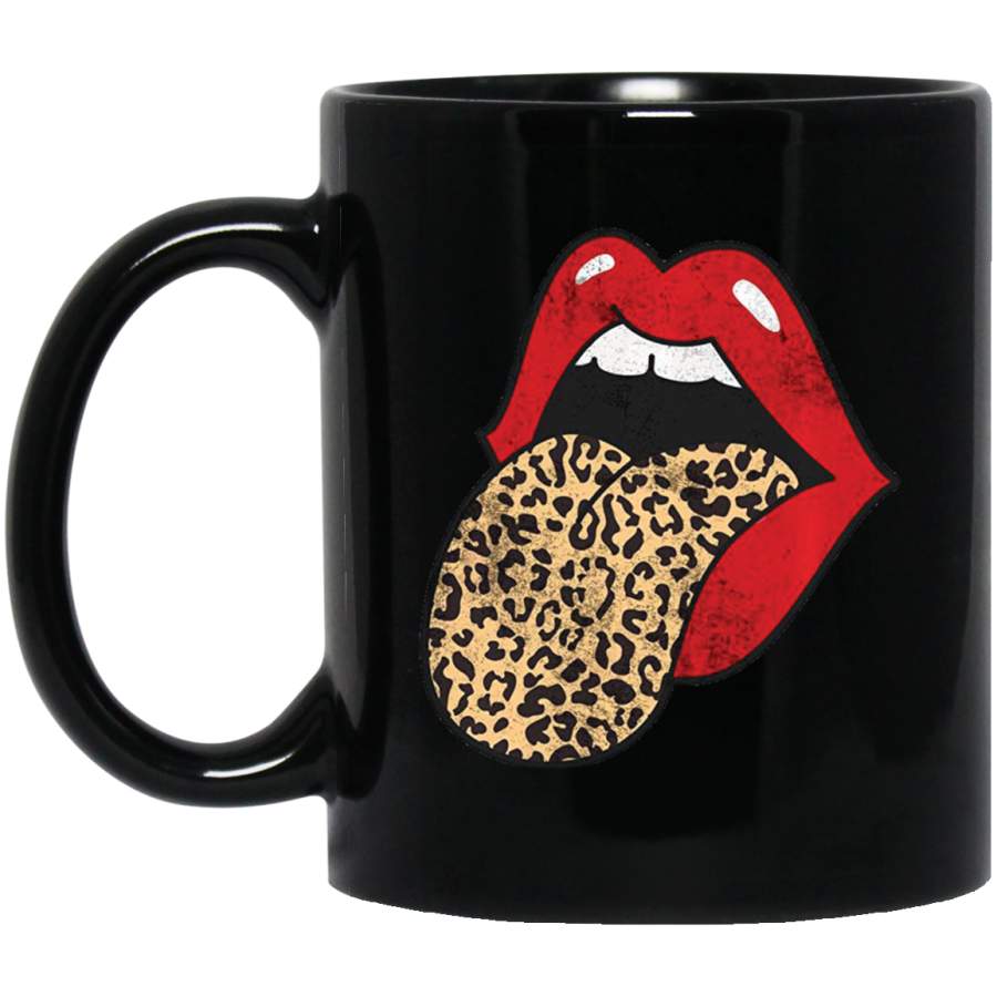 Red Lips Leopard Tongue Cheetah Animal Print Trendy Graphic Black Mug