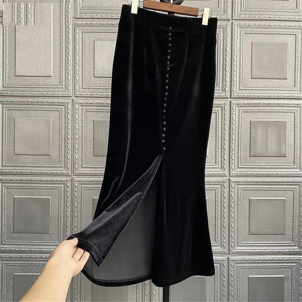 Vintage Autumn Women Fashion Office Lady Ruffle Black Skirt Golden Velvet High Waist Calf-Length Midi Fishtail Skirts Jupe Femme alx