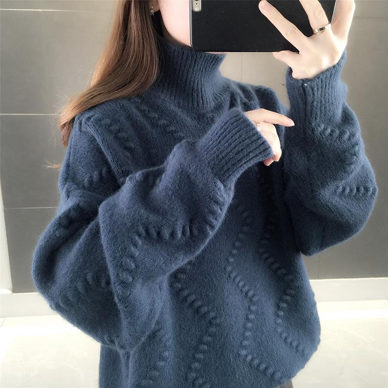 Autumn And Winter New Women’s Fashion Leisure Solid Color Wavy Single Layer High Neck Pullover Lady Sweater Top alx