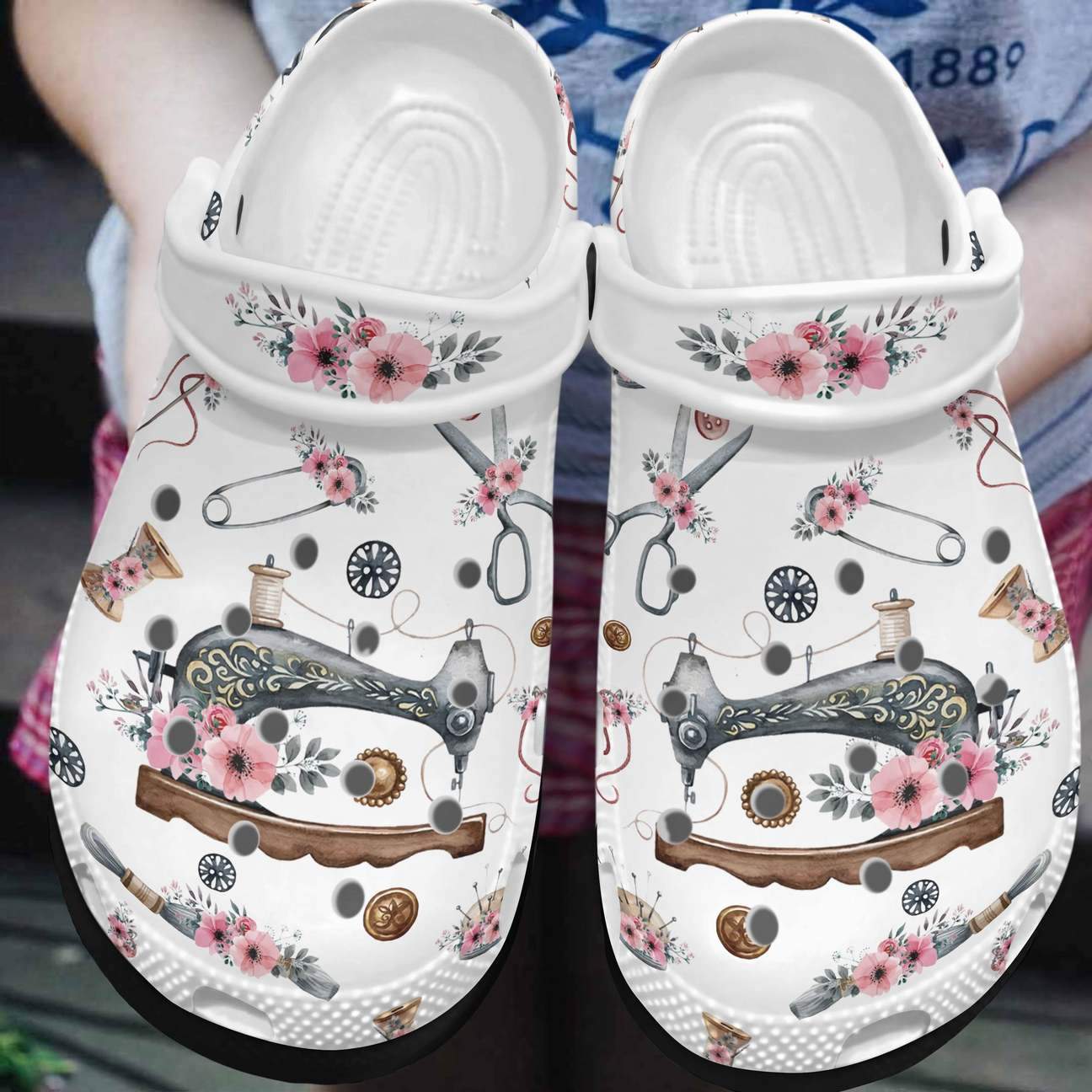 Sewing Personalized Clog, Custom Name, Text, Color, Number Fashion Style For Women, Men, Kid, Print 3D Sewing Machine & Pink Flowers