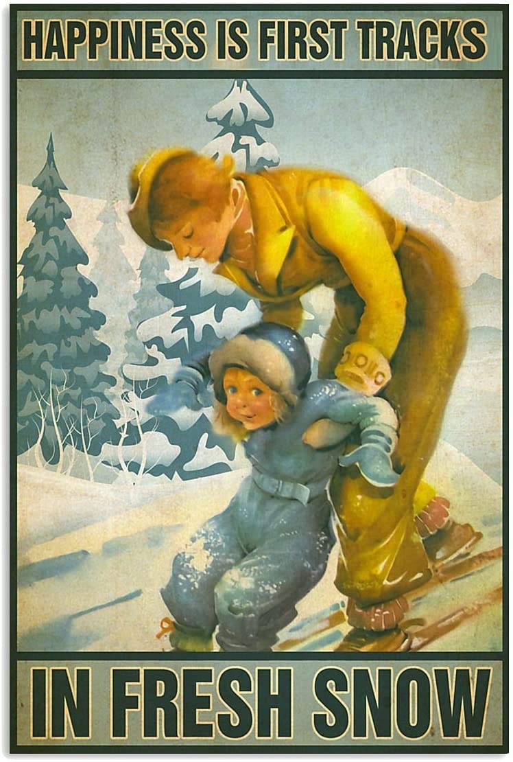 Vintage Skiing Happiness Is First Tracks In Fresh Snow Poster Art Print      Home Decor Gift For Men Women Family Friend On Birthday Xmas