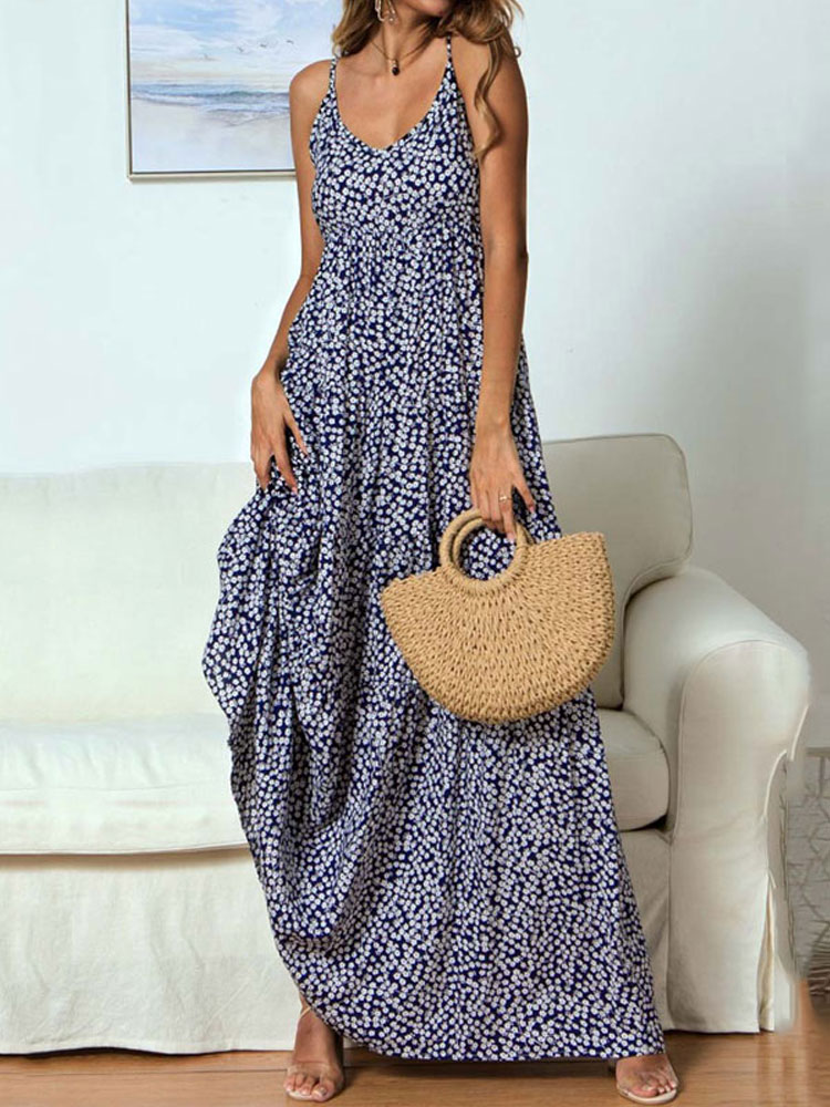 Summer Boho Maxi Dress Women Viscose Party Long Floral Dress Bohemian Spaghetti Strap V Neck A Line Flower Dresses For Women alx