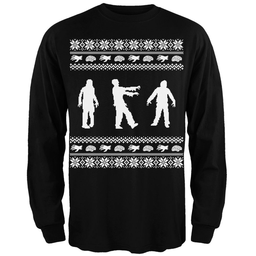 Zombie Ugly Christmas Sweater Black Adult Long Sleeve T-Shirt – Large