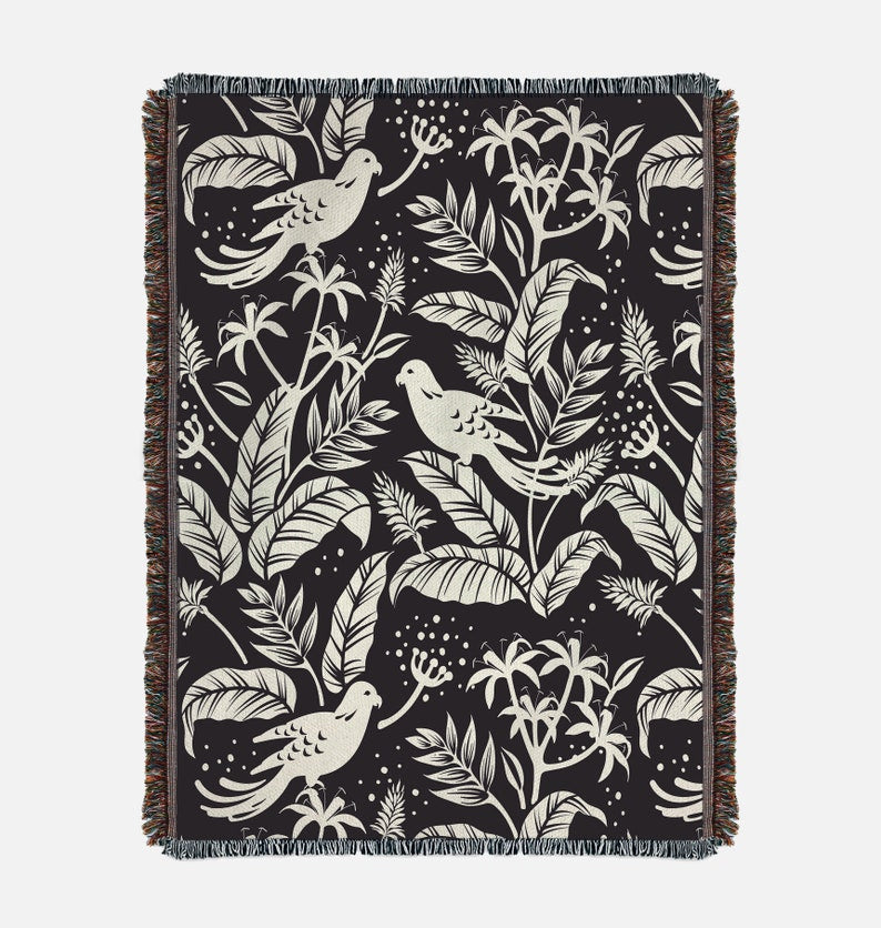 Birds On Leaves Black Vintage Retro Style Couch Sofa Blanket,  Woven Throw Blanket Home Decor