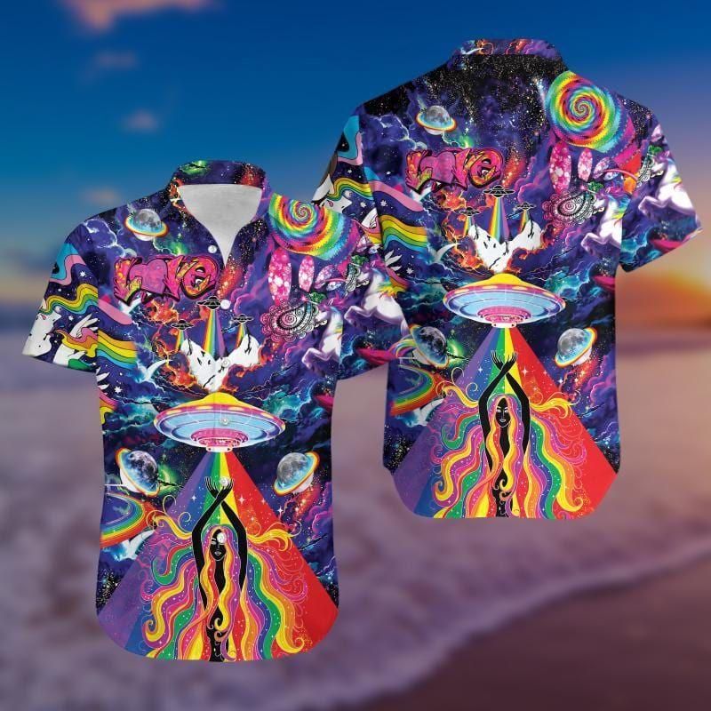 Awesome Hippie Ufo Aloha Hawaiian Shirt Colorful Short Sleeve Summer Beach Casual Shirt For Men And Women