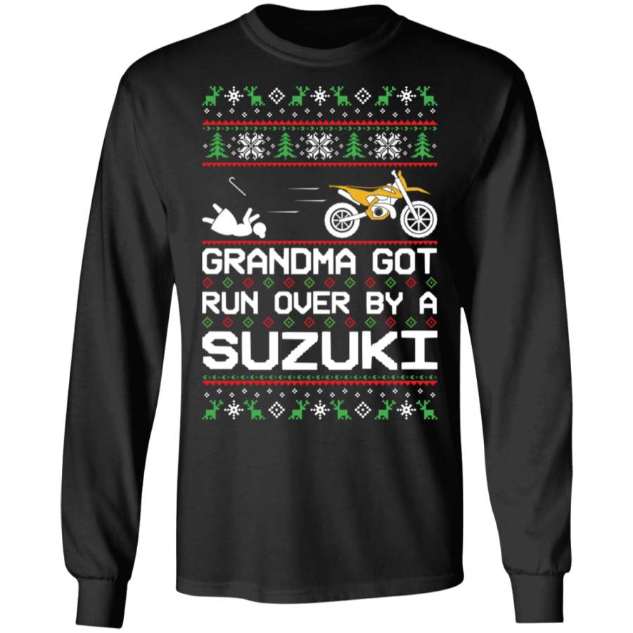 Suzuki Dirt Bike Motorcycle Ugly Christmas Grandma Got Run Over Long Sleeve T-Shirt