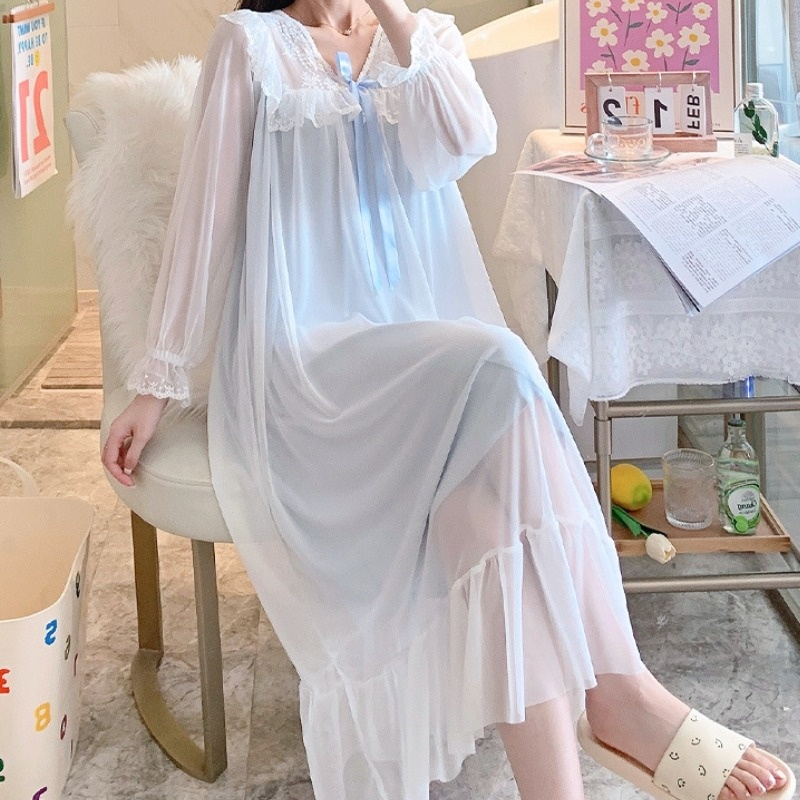 White Embroidery Lace Night Dress Women Lolita Sleepwear Princess Ladies Victorian Vintage Nightgowns Peignoirs Girl Lounge Wear alx