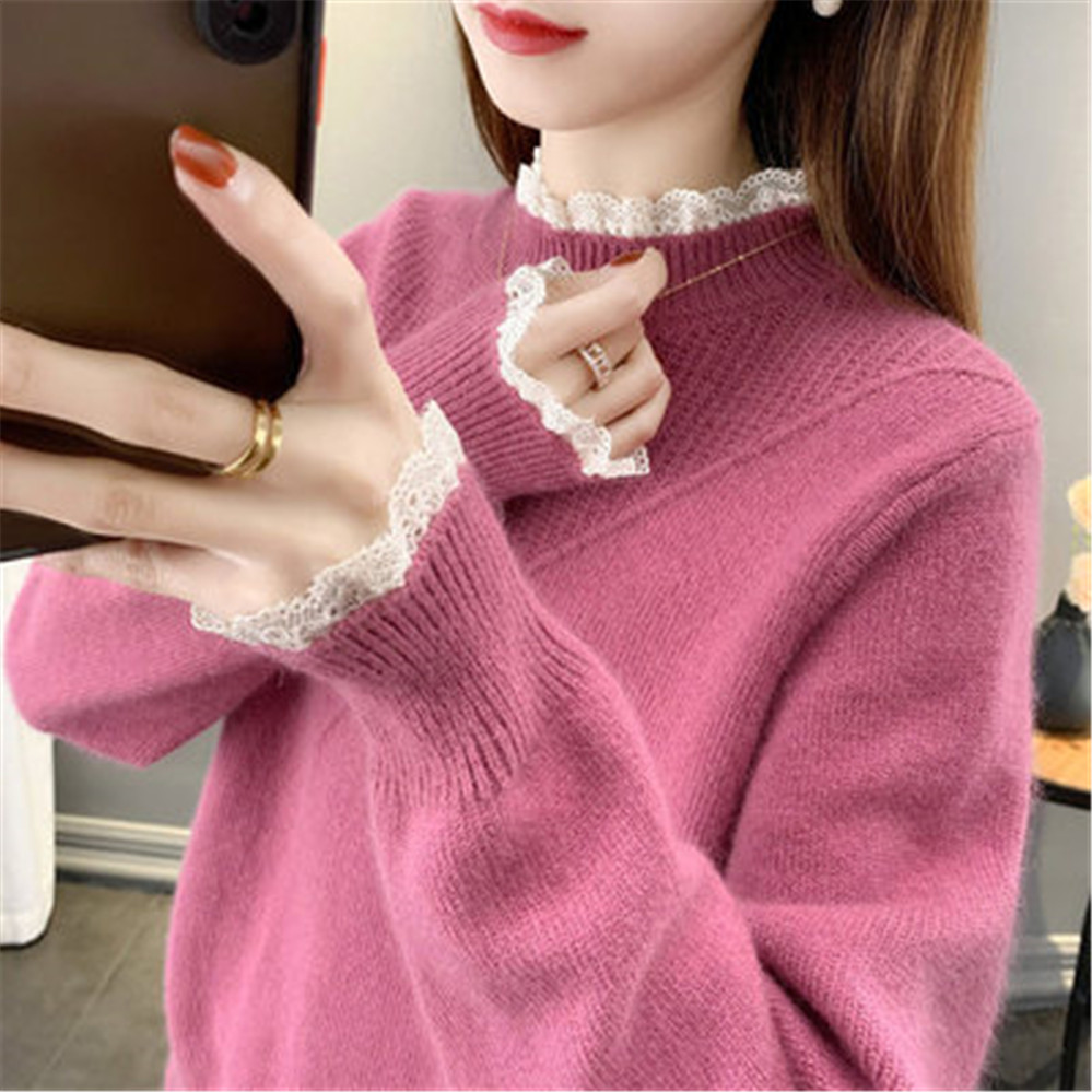 2021 Women Autumn and Winter Turtleneck Lace Patchwork Knitting Women Inner Wear Basic Coats Woman Sweaters Outerwear Sweater alx