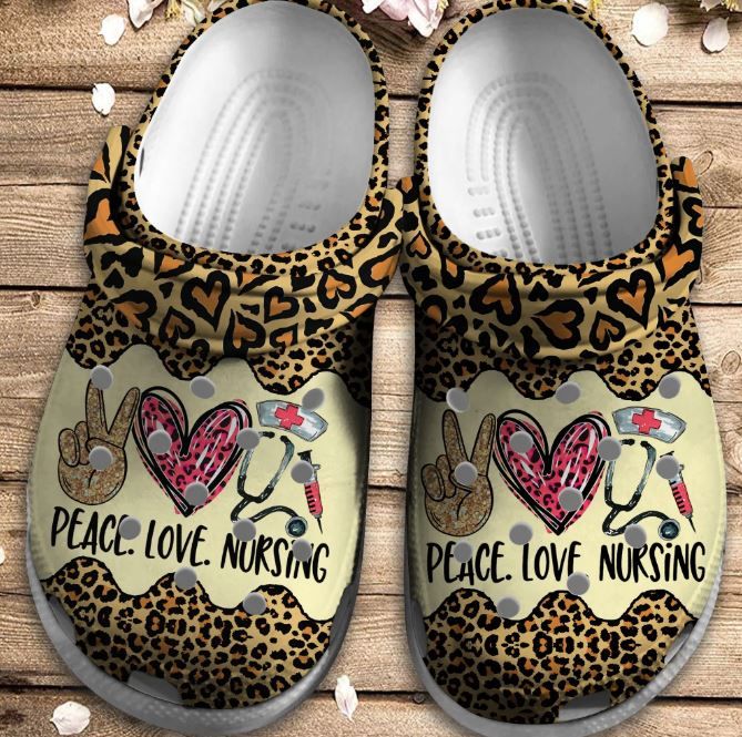 Peace Love Nursing Crocs Shoes – Leopard Skin Crocbland Clog Birthday Gift For Woman Girl Friend