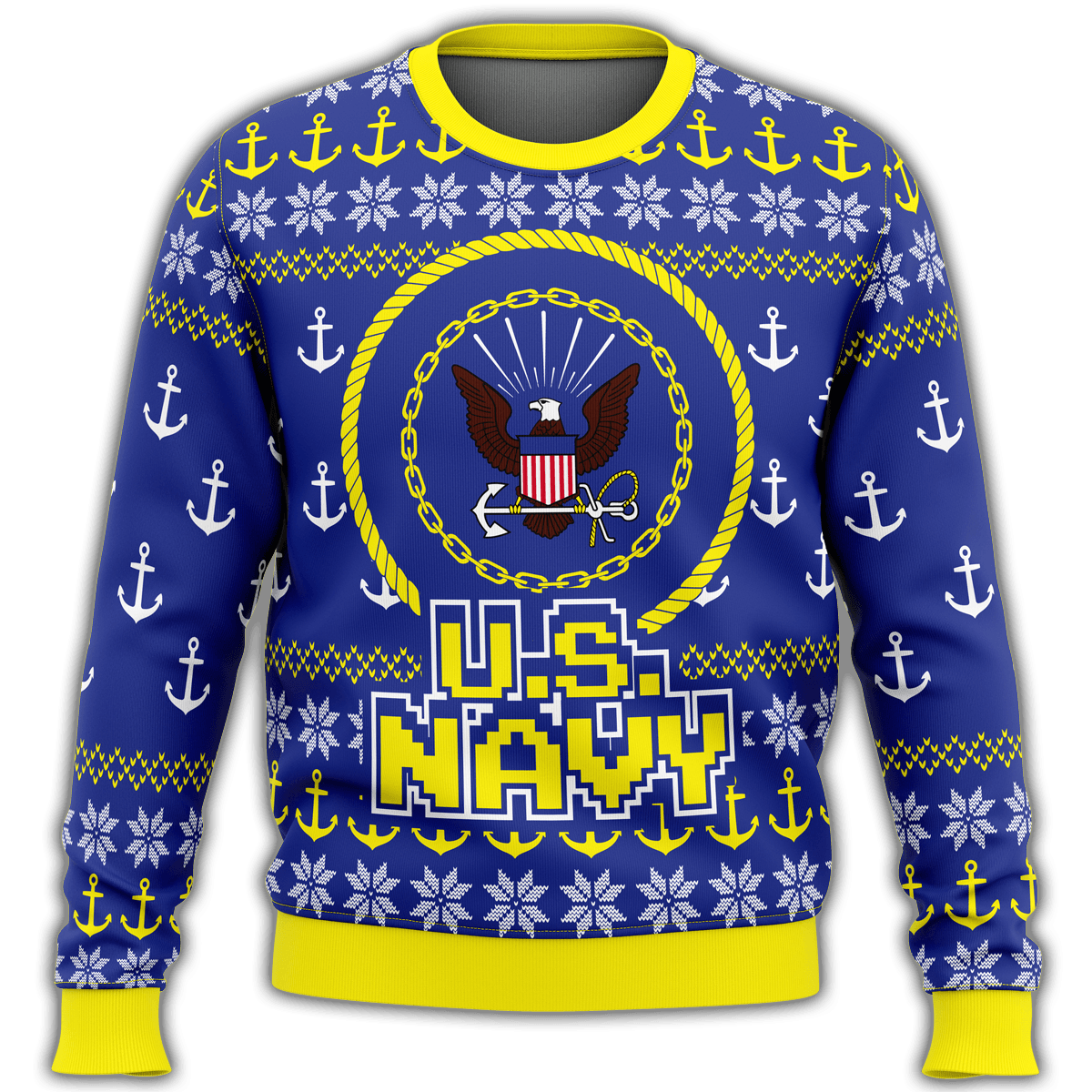 Unifinz Veteran Sweater Us Navy Anchor Pattern Blue Yellow Veteran Christmas Ugly Sweater 2022