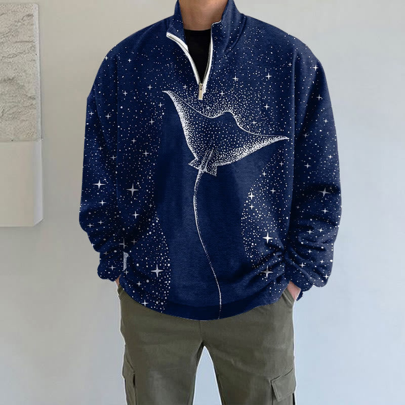 Starry Spotted Eagle Rays Print Zip Sweatshirt