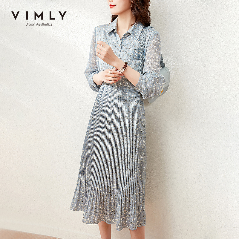 VIMLY Floral Dress For Women Office Lady High Waist Button-up Pleated Dress Vintage Full Sleeve Dresses Female Vestidos F6331 alx