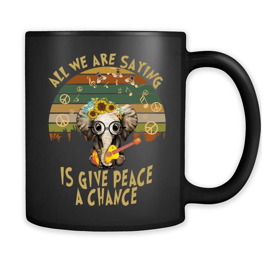 All We Are Saying Is Give Peace A Chance, Retro VIntage, Elephant Floral Guitar Design – Full-Wrap Coffee Black Mug