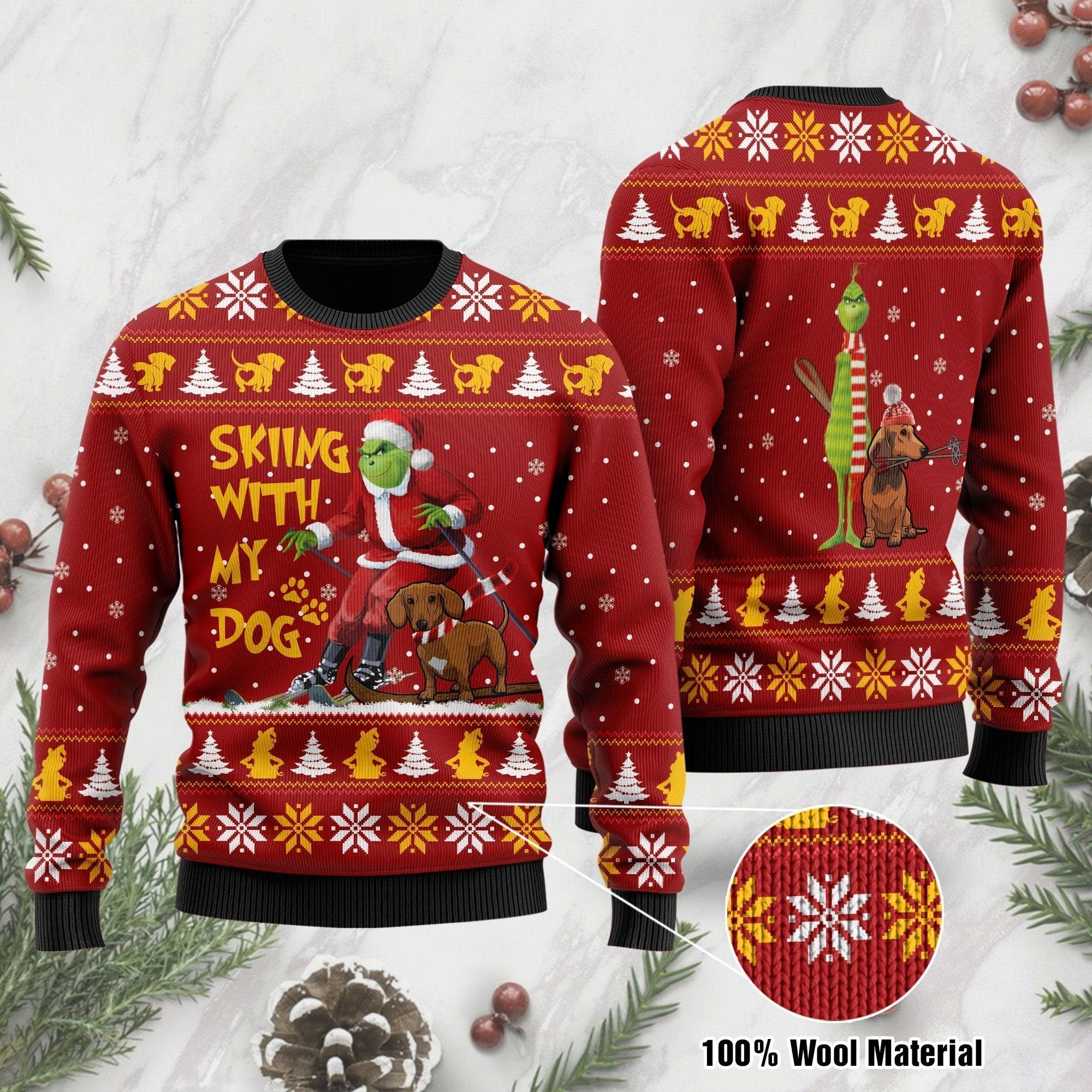 Unifinz Grinch Sweater Dachshund Dog Ugly Sweater Grinch And Dachshund Skiing With My Dog Christmas Ugly Sweater 2022