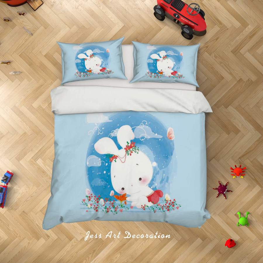 3D Blue Rabbit Floral Quilt Cover Set Bedding Set Duvet Cover Pillowcases SF98