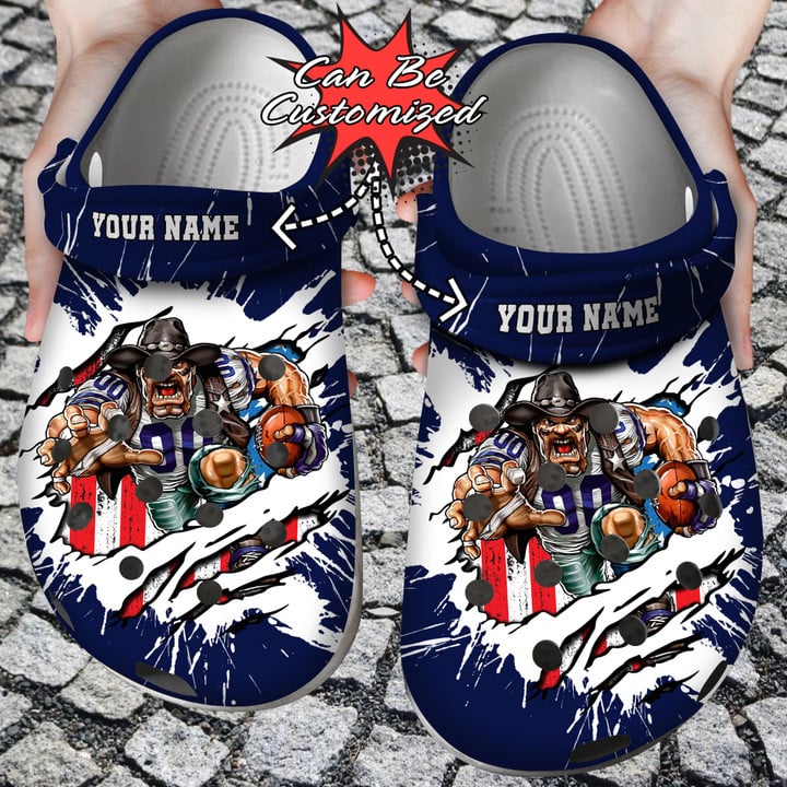 Football Crocss – Personalized Dallas Cowboys Mascot Ripped Flag Clog Shoes