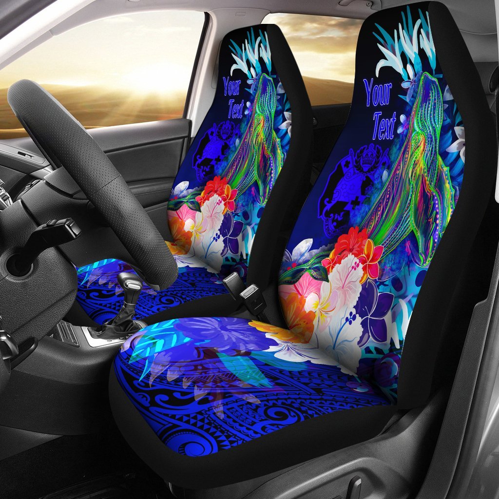 Tonga Custom Personalised Car Seat Covers – Humpback Whale With Tropical Flowers (Blue)