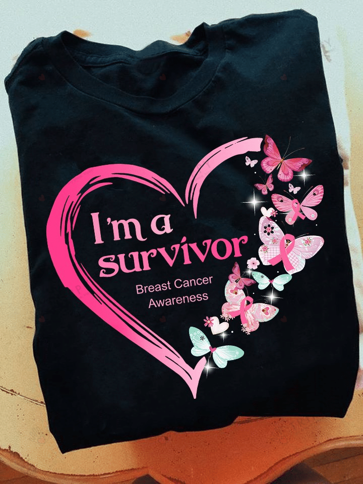 Butterfly Pink Ribbon Heart I’M A Survivor Breast Cancer Awareness Graphic Unisex T Shirt, Sweatshirt, Hoodie Size S – 5Xl