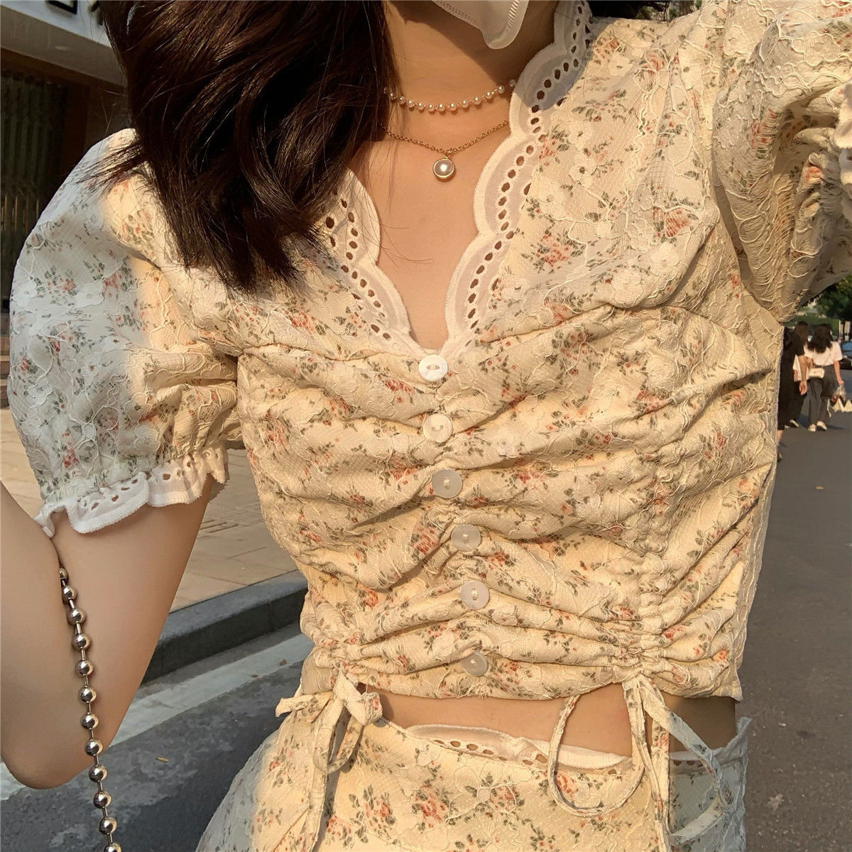 Women Sets Elegant Sweet V-Neck Shirring Lace Floral A-line Simple Ulzzang Soft Cozy All-match Streetwear Teenagers Stylish Hot alx