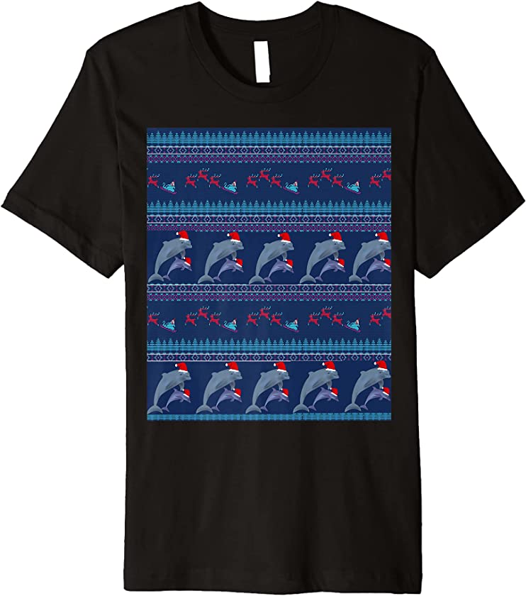 Ugly Christmas Sweater Blue Dolphins Santa Sleigh Premium T-Shirt