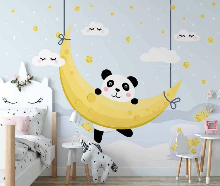 3D Cartoon Moon Star Panda Animal Cloud Wall Mural Wallpaper Lxl