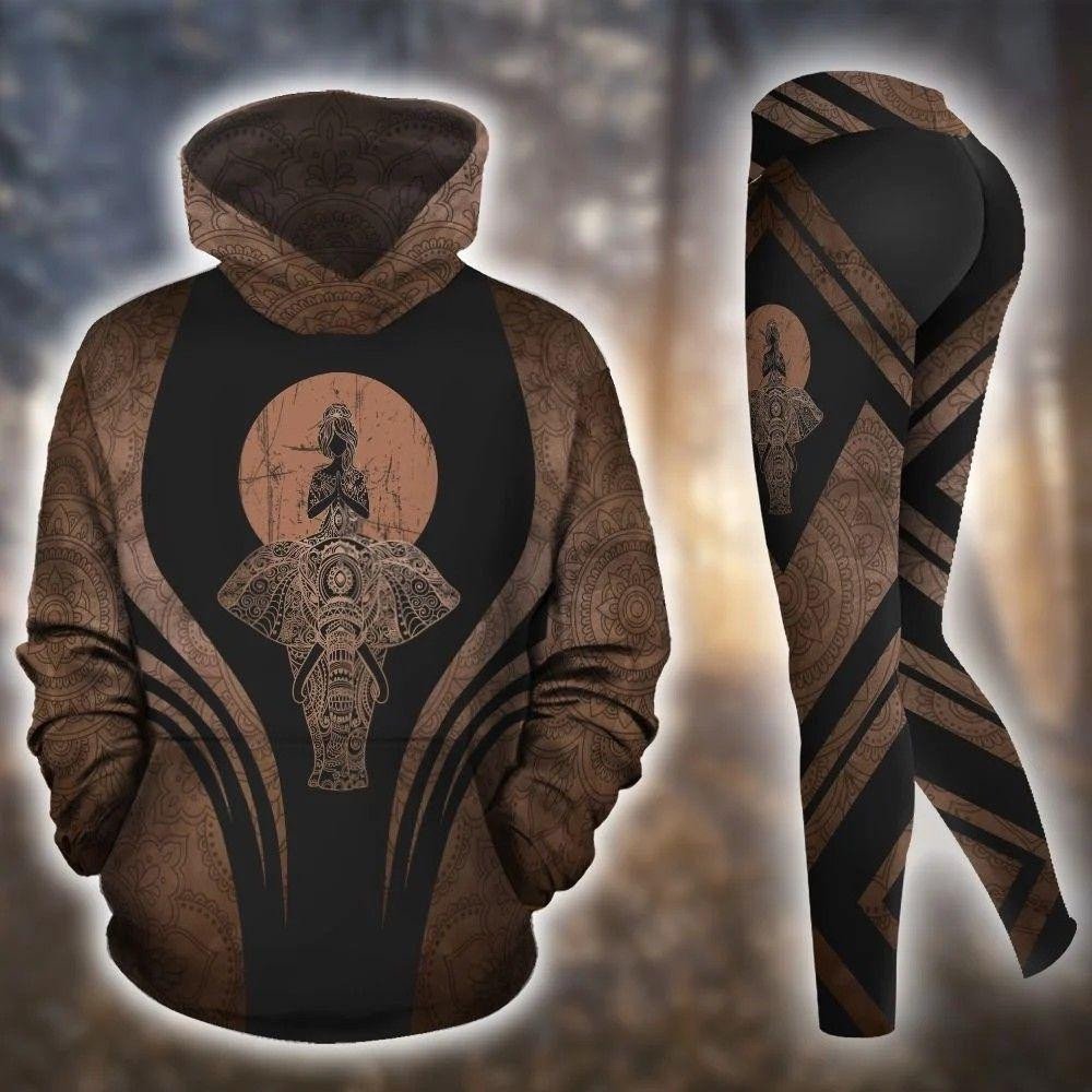 Elephant Yoga Mandala Black And Brown 3D Hoodie Legging Set Combo