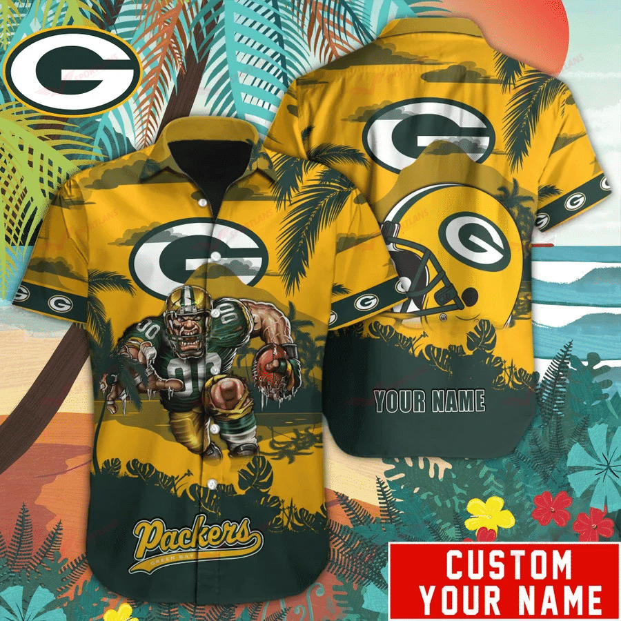 Green Bay Packers Mascot Button Up Hawaiian Shirt Custom Name