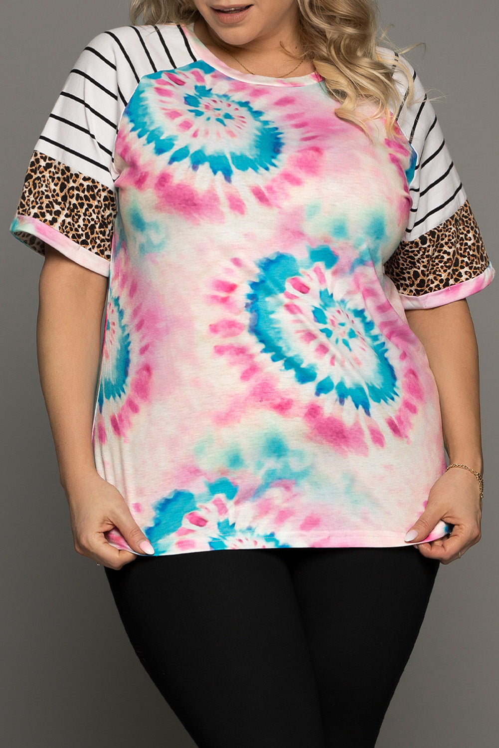 Tie-Dye Print Leopard Striped Raglan Sleeve Plus Size Tee