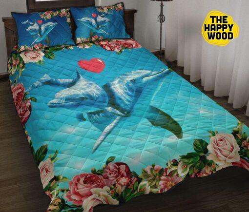 Dolphin Heart Sea Animal Floral Style Quilt Bed Set And Pillow Covers