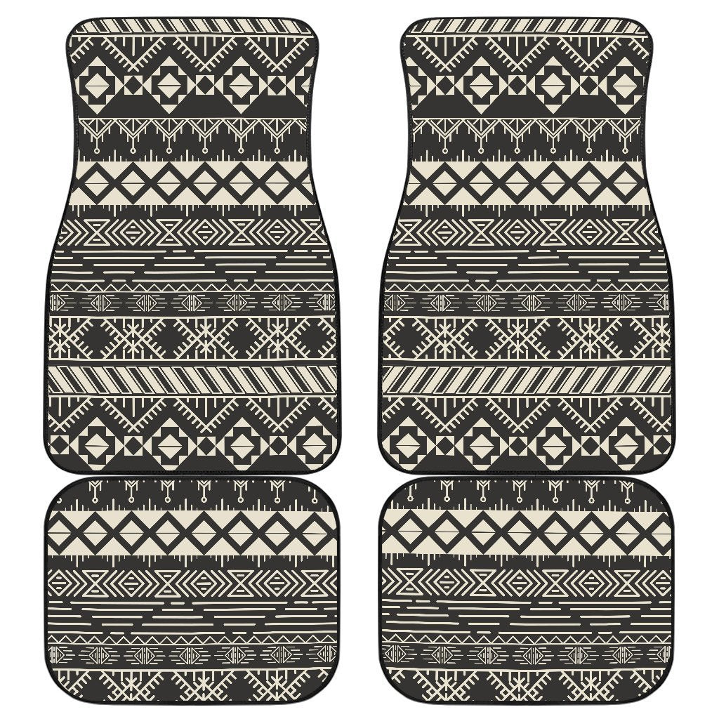 Black And Beige Aztec Pattern Print Front And Back Car Floor Mats, Front Car Mat