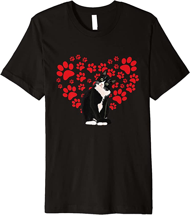 Tuxedo Cat Valentine Heart Paw For Kitten And Cat Mom Dad Premium T-Shirt