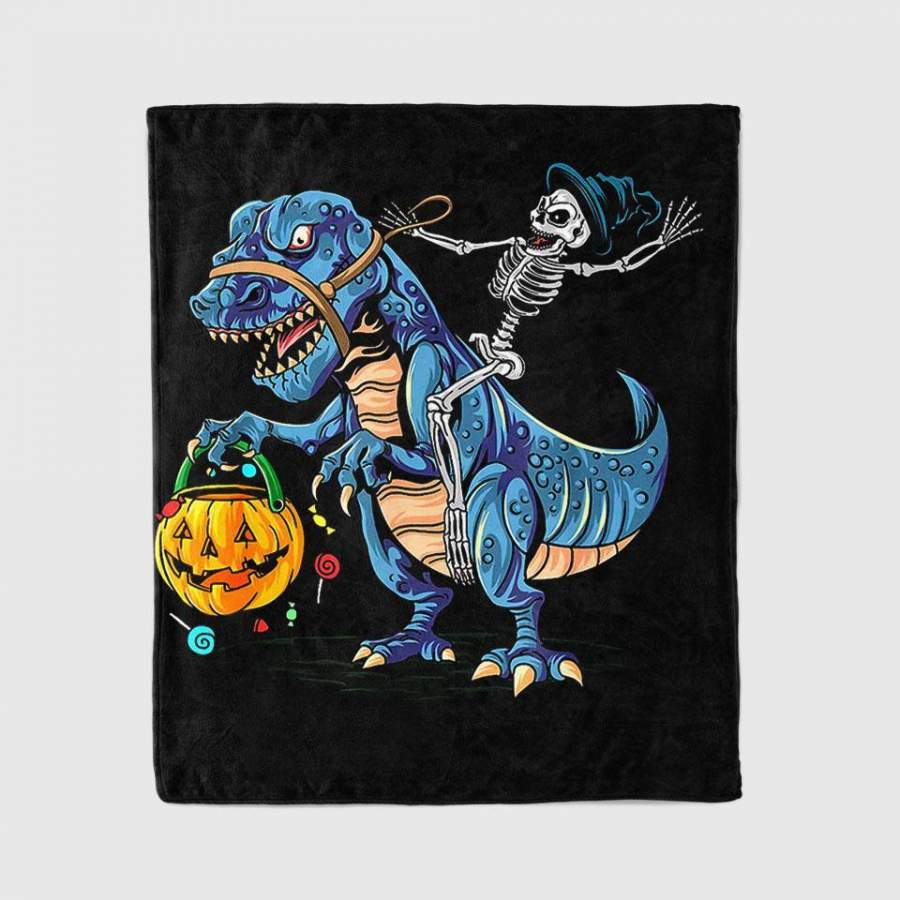 Skeleton Riding T Rex Halloween With Candy Pumpkin Blanket Personalized Fleece Blanket Halloween Gifts