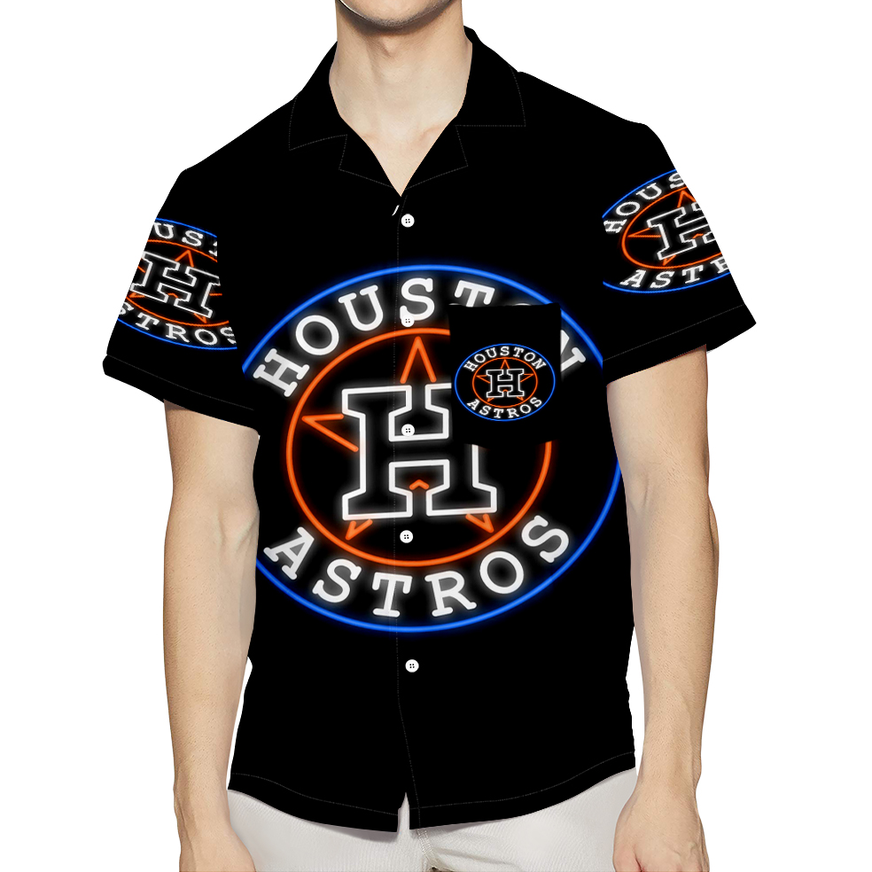 Houston Astros Emblem Neon Light 3D All Over Print Summer Beach Hawaiian Shirt With Pocket