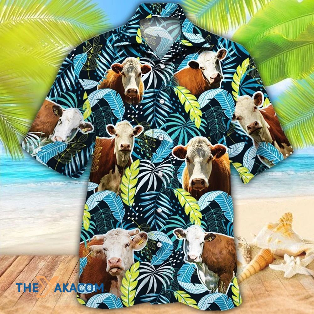 Hereford Cattle Lovers Jungle Leaves Pattern Hawaiian Shirt Ha71851