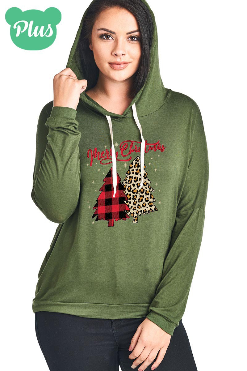 Sale Merry Christmas Leopard Plaid Tree Holiday Long Sleeve Hoodie