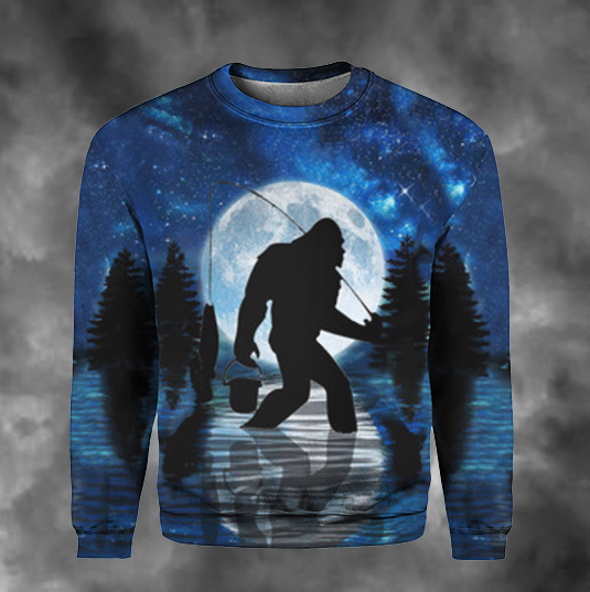 Big-Foot Fishing Blue Crewneck Sweatshirt All Over Print Sweatshirt For Women Sweatshirt For Men