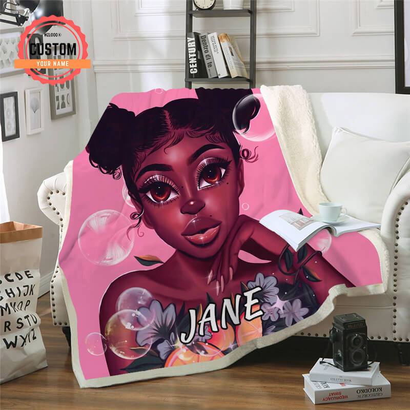 Pink Beautiful Flowers Black Girl Custom Name Plush Fleece Blanket