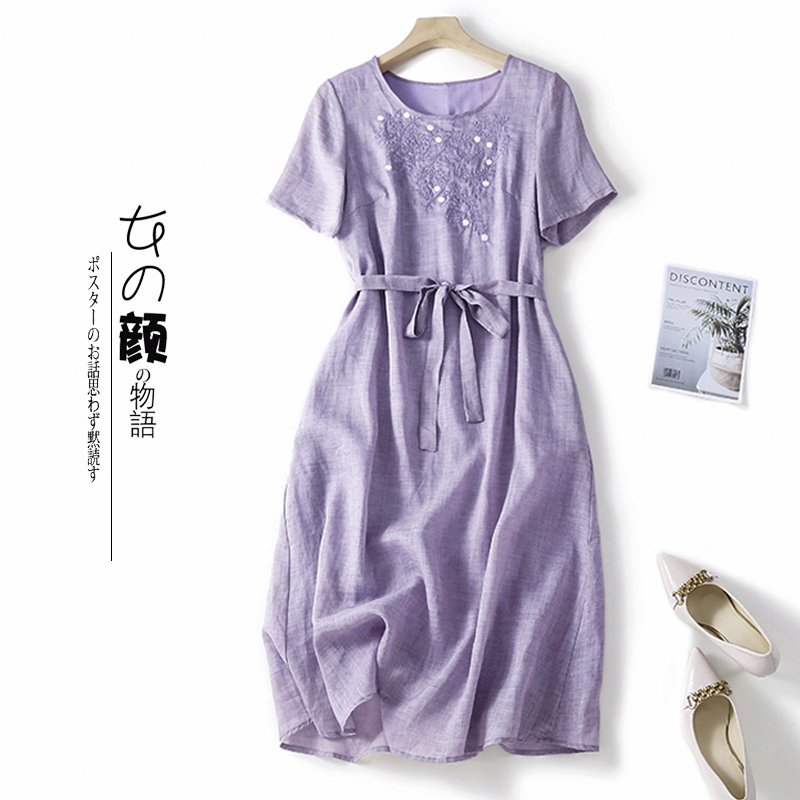 2022 New Arrival Embroidery Thin Soft Loose Cozy Fashion Women Casual Summer Dress Sashes Slim Office Lady Work Midi Dress alx