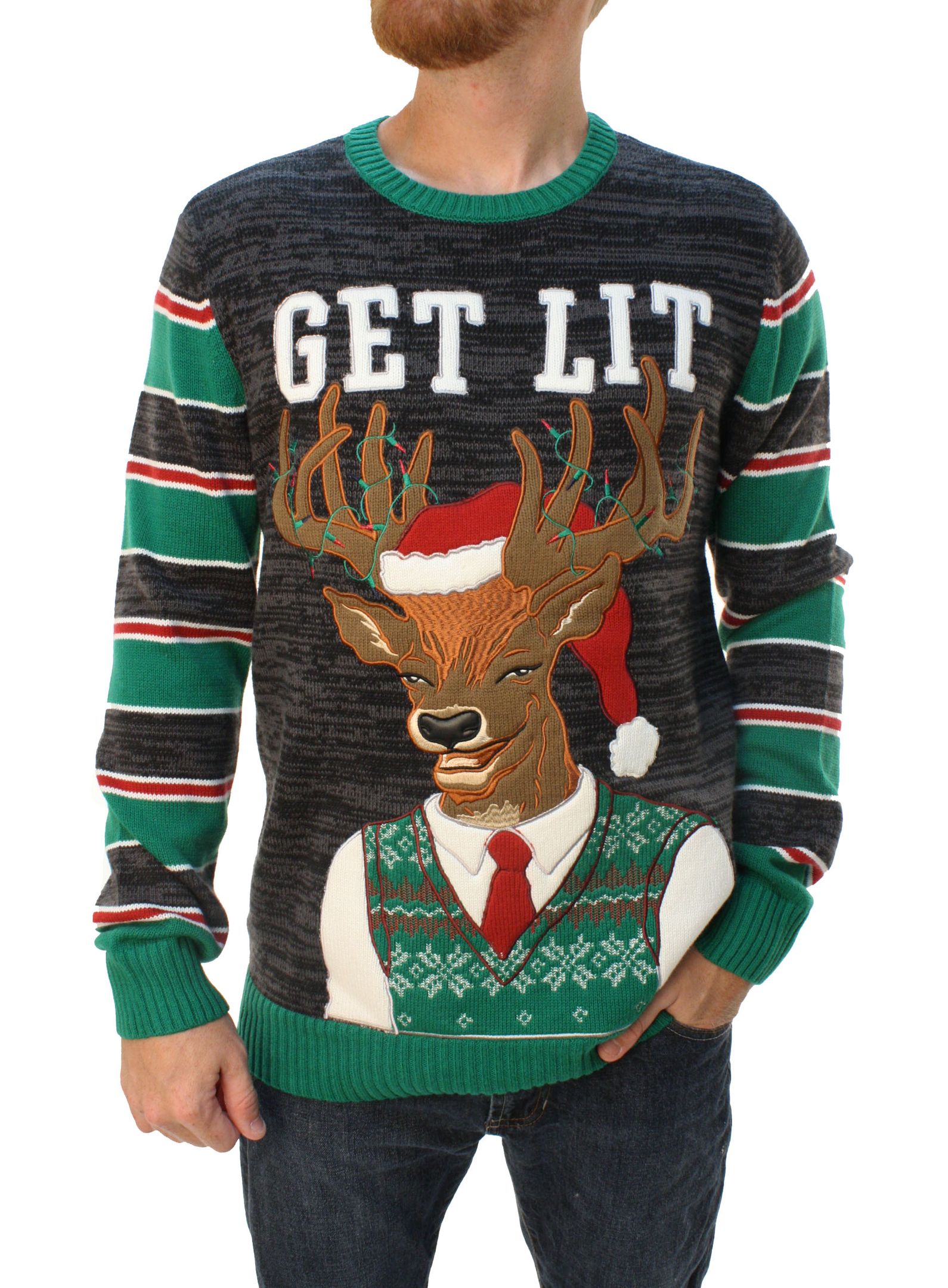 Ugly Christmas Sweater Men’S “Get Lit” Party Reindeer Sweatshirt -S