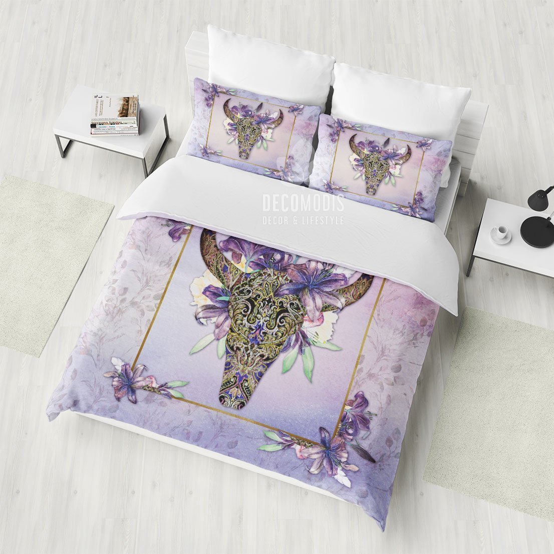 Bohemian Floral Bedding Set, Totem Buffalo Skull Duvet Cover Set, Gentle Purple Floral Bedspread Bedroom Decor