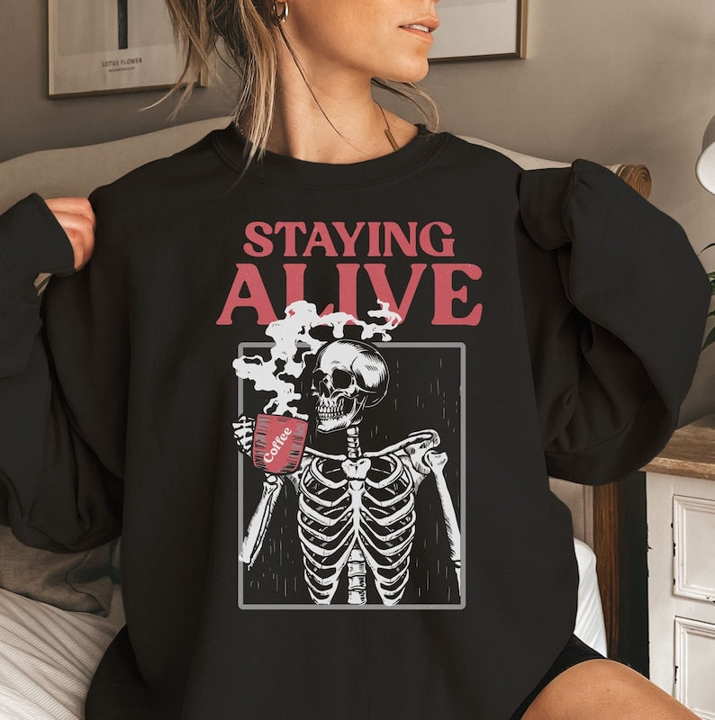 Skeleton Coffee Halloween Sweatshirt 2D Crewneck Sweatshirt All Over Print Sweatshirt For Women Sweatshirt For Men Sws4229