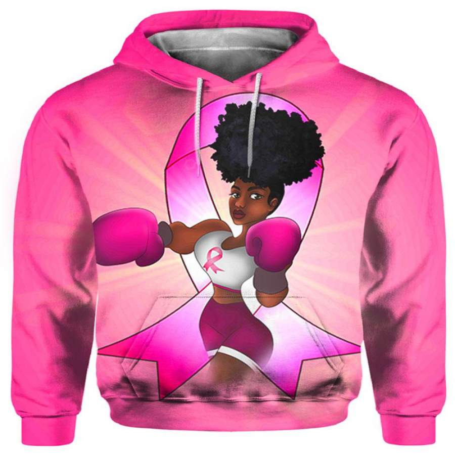 Pink Ribbon African American Art Black Women Is A Fighter Hoodie 3D All Over Print #HL