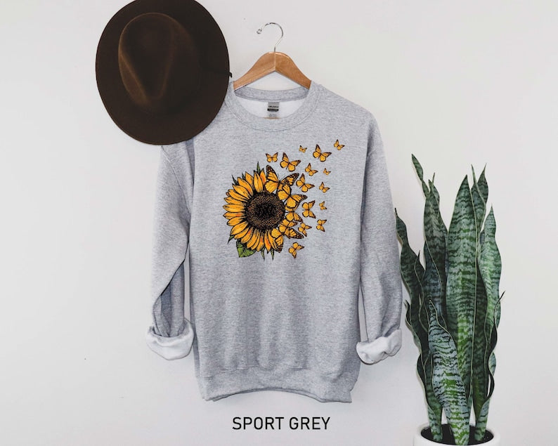 Sunflower Butterfly Embroidered Sweatshirt 2D Crewneck Sweatshirt All Over Print Sweatshirt For Women Sweatshirt For Men Sws3110