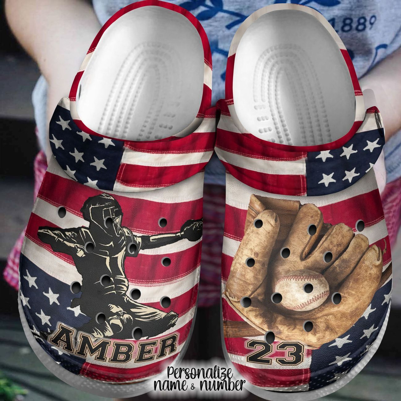 Baseball Player Glove American Flag Custom Name & Number Clog Shoes #Kv