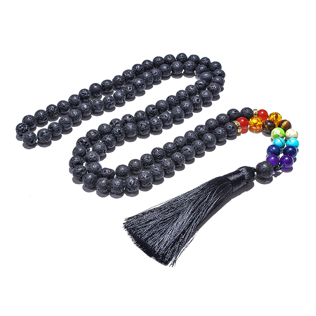 8mm Black Lava Stone 7 Chakra Beaded Japamala Necklace 108 Rosary Meditation Yoga Jewelry Bracelet Set Tibetan Tassel Pendant alx