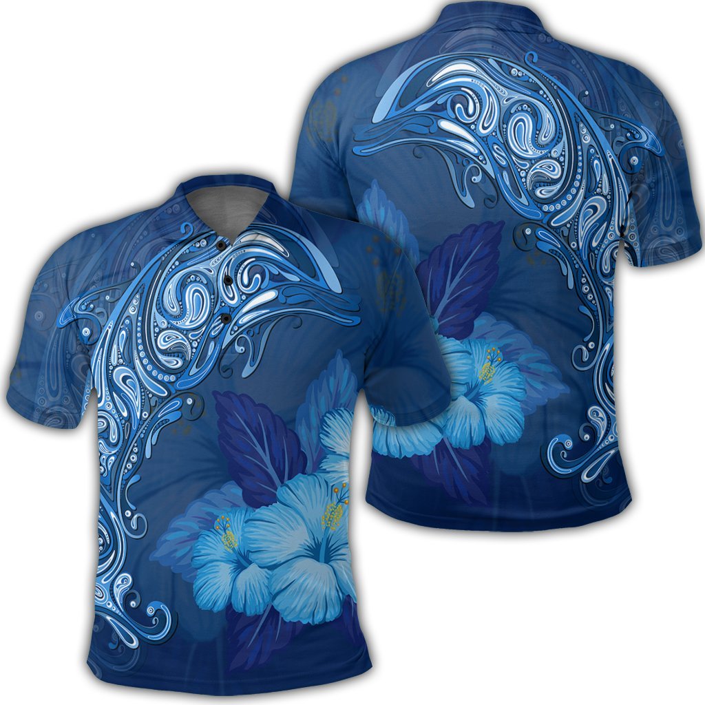 Hawaiian Dolphin Hibiscus Tropic Blue Polynesian Polo Shirt – AH – J4R